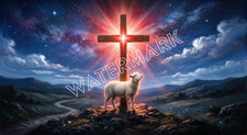 Premium Lamb and Cross and Night Sky Artwork Digital Image Photo Wallpaper picture