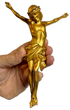 Antique 1930s Art Deco Gilt Metal Jesus Corpus Crucifix Figure Large 7” Salvaged picture