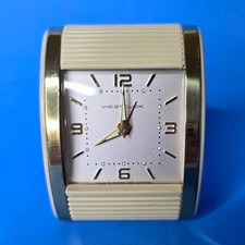 Westclox Wind Up Travel Alarm Clock, Analog, White/Silver, Rectangle Vintage MCM picture