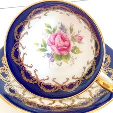 Vintage Aynsley Cobalt Blue Rose Teacup and Saucer: Gold Filigree Bone China picture