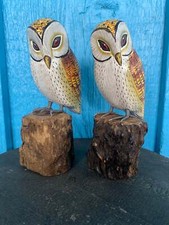 Hand-crafted Wooden Owls on Drift Wood, Set of 2, Bird Figurines 6.5