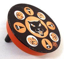 Vintage 1950s US Metal Toy Halloween Tin Litho Noisemaker Black Cat JOL Ratchet picture