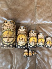 Vintage Russian Nesting Dolls Set of 10 Signed 1999 Sergiev Posad Gold Churches picture