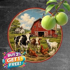 Cozy Farm Scene Cow Chicken Vintage Round Metal Sign Decor 8x8 picture