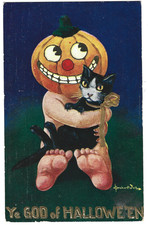 1909 Bernhardt Wall Halloween Postcard 143 Creepy Pumpkin Man Blk Cat Posted picture