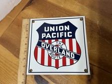 UNION PACIFIC Train Railroad Sign Porcelain Enameled (The Overland Route) VTG picture
