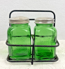 Vtg Salt & Pepper Shakers Green Embossed Glass Lids & Rack Stand picture