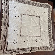 Vintage Keeco Battenburg Lace & Embroidered Square Tablecloth Overlay, Ivory 37” picture