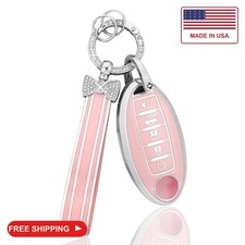 PIFOOG Key Fob Cover for Nissan 5 Button Pink Car Keys Shell Case Bling Keychain picture
